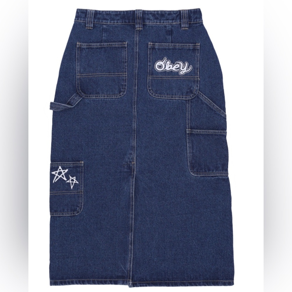 Obey 100% Cotton Juniper High Waist Loose Fit Pockets  Midi Denim Skirt size 26